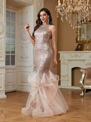 Rose Gold Sequin Halter Ruffle Tulle Mermaid Evening Gown