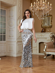 White‑Silver Satin Sequin Patchwork Cap‑Sleeve Mermaid Evening Gown