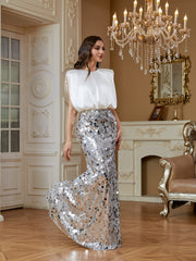 White‑Silver Satin Sequin Patchwork Cap‑Sleeve Mermaid Evening Gown