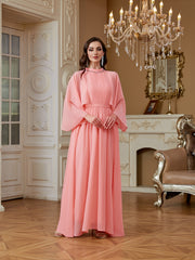 Peach Pink Rhinestone High Neck Cape Sleeve A‑Line Gown