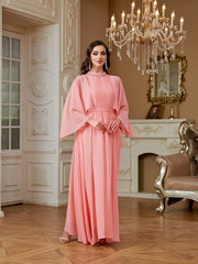 Peach Pink Rhinestone High Neck Cape Sleeve A‑Line Gown