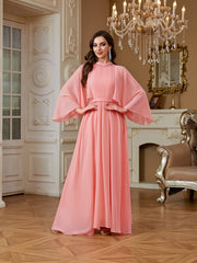 Peach Pink Rhinestone High Neck Cape Sleeve A‑Line Gown