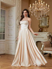 Champagne Beaded Strapless A‑Line High Slit Satin Evening Gown