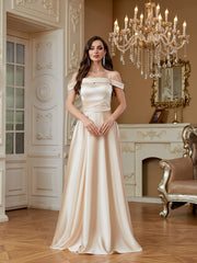 Champagne Off‑Shoulder Strap Satin A‑Line Evening Gown