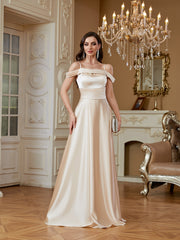 Champagne Off‑Shoulder Strap Satin A‑Line Evening Gown
