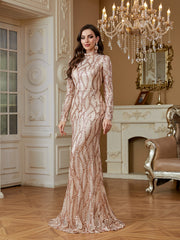 Rose Gold Sequin High Neck Mermaid Maxi Evening Dress