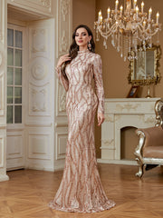 Rose Gold Sequin High Neck Mermaid Maxi Evening Dress