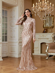 Rose Gold Sequin High Neck Mermaid Maxi Evening Dress