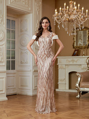Champagne Rose Gold Wave Sequin Deep V Mermaid Formal Dress