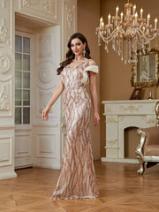 Champagne Rose Gold Wave Sequin Deep V Mermaid Formal Dress