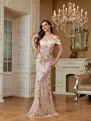 Champagne Sequin Satin Bow Off‑Shoulder Mermaid Dress
