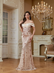 Champagne Sequin Satin Bow Off‑Shoulder Mermaid Dress