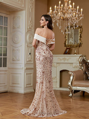 Champagne Sequin Satin Bow Off‑Shoulder Mermaid Dress