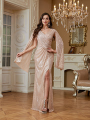 Champagne Pink Sequin Cape Sleeve V‑Neck Mermaid High Slit Evening Gown