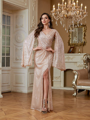 Champagne Pink Sequin Cape Sleeve V‑Neck Mermaid High Slit Evening Gown