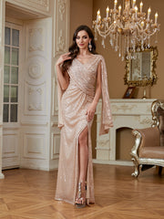 Champagne Pink Sequin Cape Sleeve V‑Neck Mermaid High Slit Evening Gown