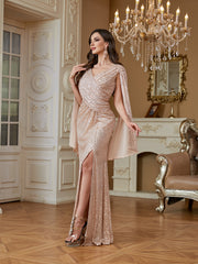 Champagne Pink Sequin Cape Sleeve V‑Neck Mermaid High Slit Evening Gown