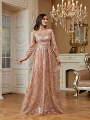 Rose Gold Floral Sequin Long Sleeve A‑Line Evening Gown