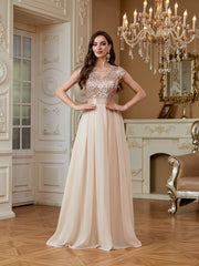 Champagne Sequin Cap Sleeve V Neck A Line Long Evening Dress