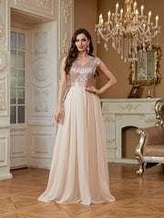 Champagne Sequin Cap Sleeve V Neck A Line Long Evening Dress