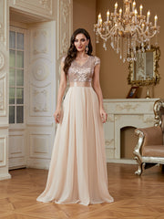 Champagne Sequin Cap Sleeve V Neck A Line Long Evening Dress