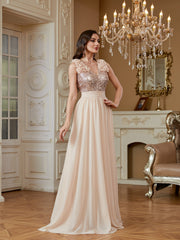 Champagne Sequin Floral V Neck Split A Line Long Evening Dress