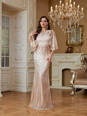 Champagne Gold 3D Flower Cape Sleeve Mermaid Evening Gown