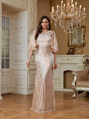 Champagne Gold 3D Flower Cape Sleeve Mermaid Evening Gown