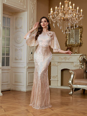 Champagne Gold 3D Flower Cape Sleeve Mermaid Evening Gown