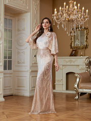 Champagne Gold 3D Flower Cape Sleeve Mermaid Evening Gown