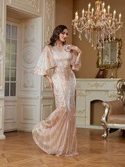 Champagne Gold 3D Flower Cape Sleeve Mermaid Evening Gown