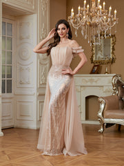 Nude Champagne Ruffle Off‑Shoulder Mermaid Evening Gown
