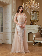 Nude Champagne Ruffle Off‑Shoulder Mermaid Evening Gown