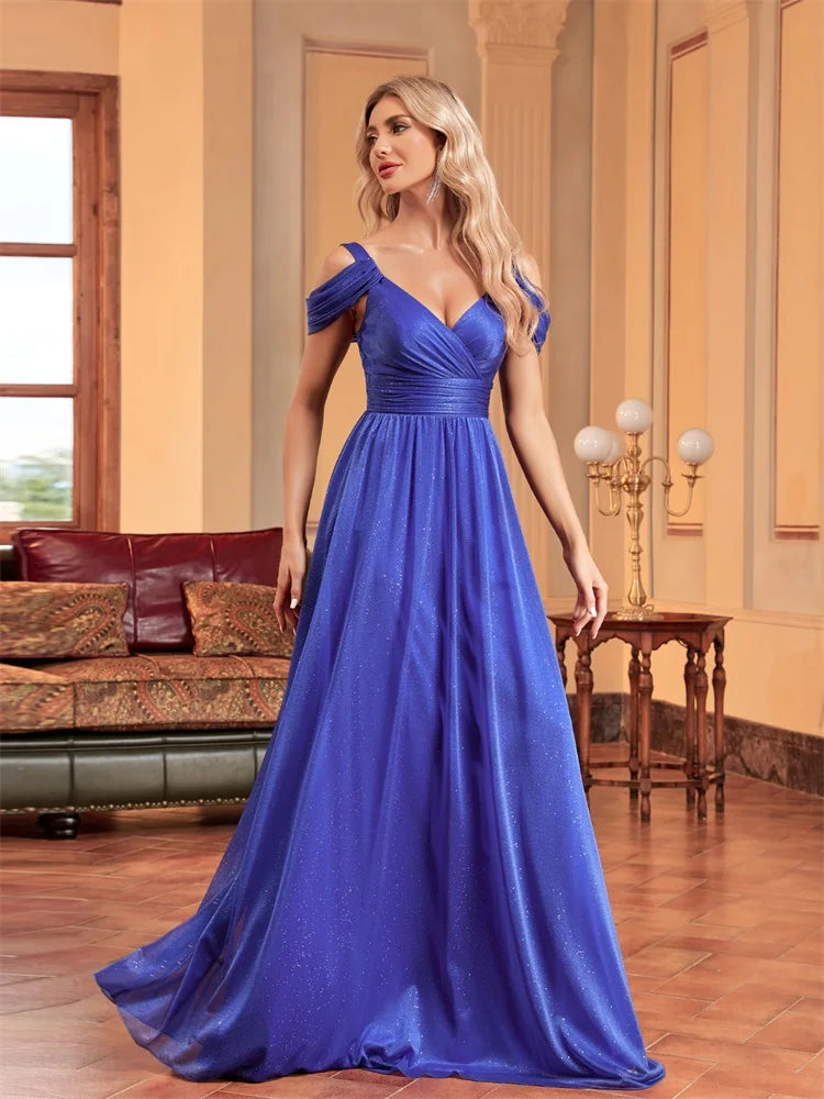 XUIBOL | Elegant Blue Suspenders Evening Dress Women 2024 Shining A-line Wedding Party Maxi Gown