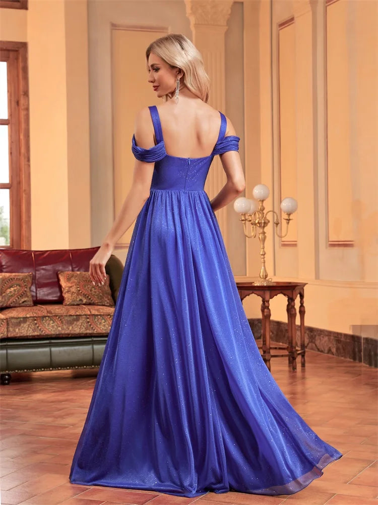 XUIBOL | Elegant Blue Suspenders Evening Dress Women 2024 Shining A-line Wedding Party Maxi Gown