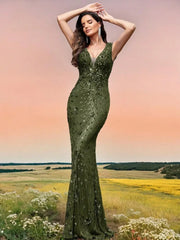 Long Mermaid Formal Deep V-neck Prom Dresses