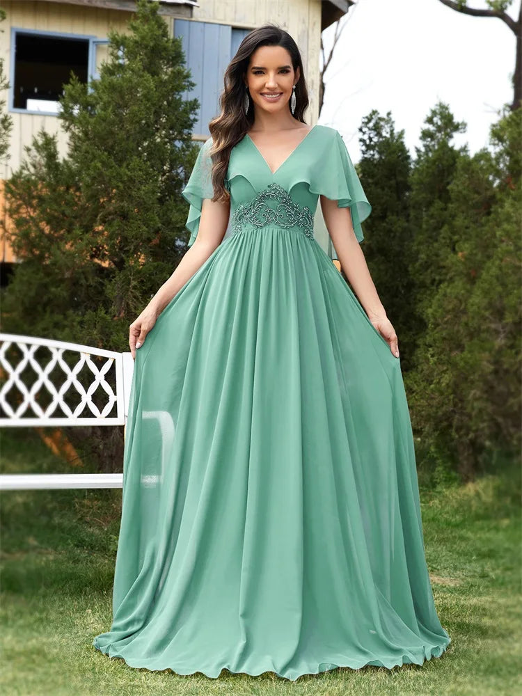 XUIBOL | Elegant Chiffon Short sleeve  2024 Luxury Women Bridesmaid Party Dress Cocktail Prom Gowns