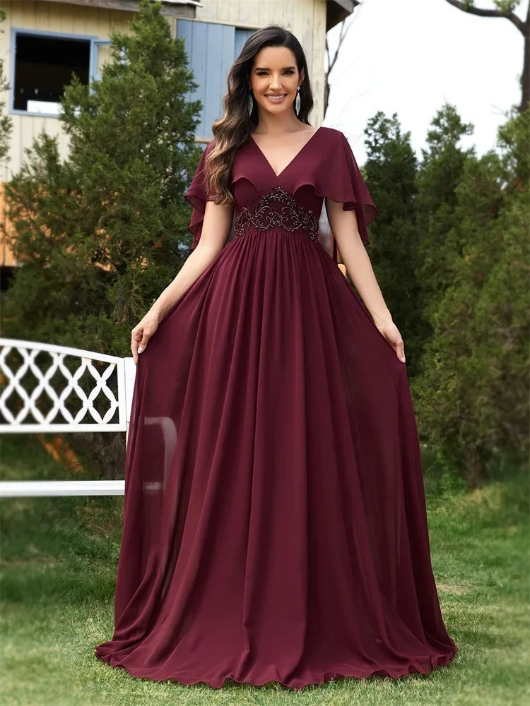 XUIBOL | Elegant Chiffon Short sleeve  2024 Luxury Women Bridesmaid Party Dress Cocktail Prom Gowns