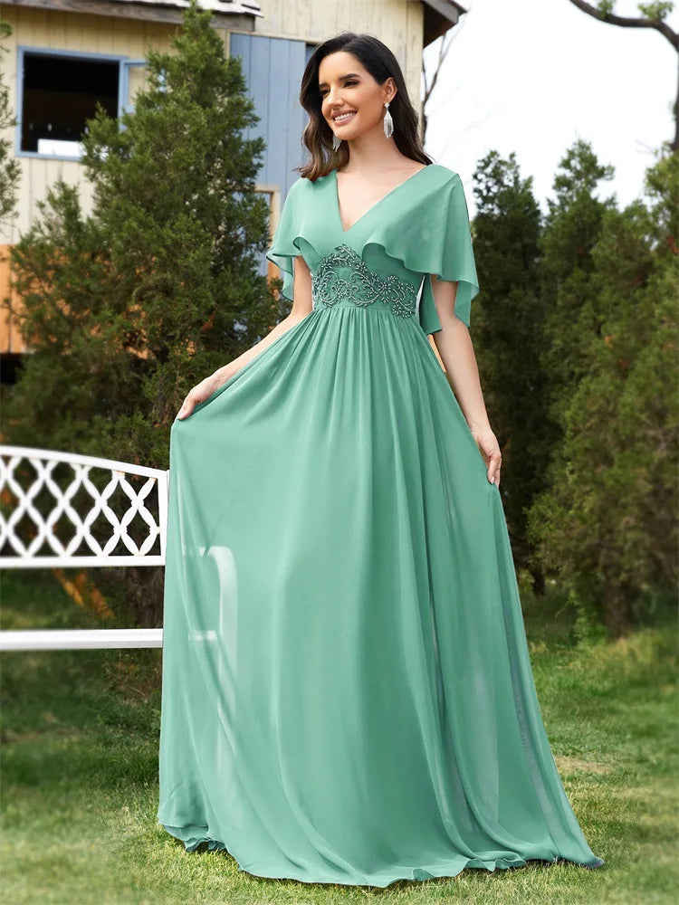 XUIBOL | Elegant Chiffon Short sleeve  2024 Luxury Women Bridesmaid Party Dress Cocktail Prom Gowns
