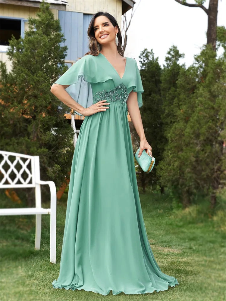 XUIBOL | Elegant Chiffon Short sleeve  2024 Luxury Women Bridesmaid Party Dress Cocktail Prom Gowns