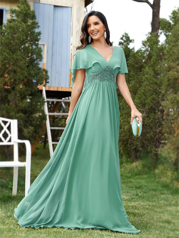 XUIBOL | Elegant Chiffon Short sleeve  2024 Luxury Women Bridesmaid Party Dress Cocktail Prom Gowns