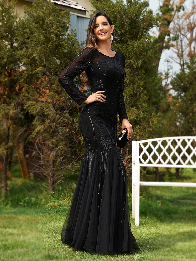Elegant O Neck Black Sequins Evening Dress Long Sleeves Tulle Wedding Party Maxi Dress | XUIBOL