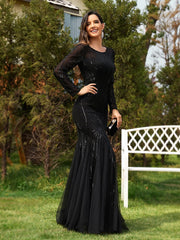 Elegant O Neck Black Sequins Evening Dress