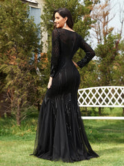 Elegant O Neck Black Sequins Evening Dress
