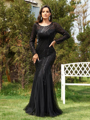 Elegant O Neck Black Sequins Evening Dress