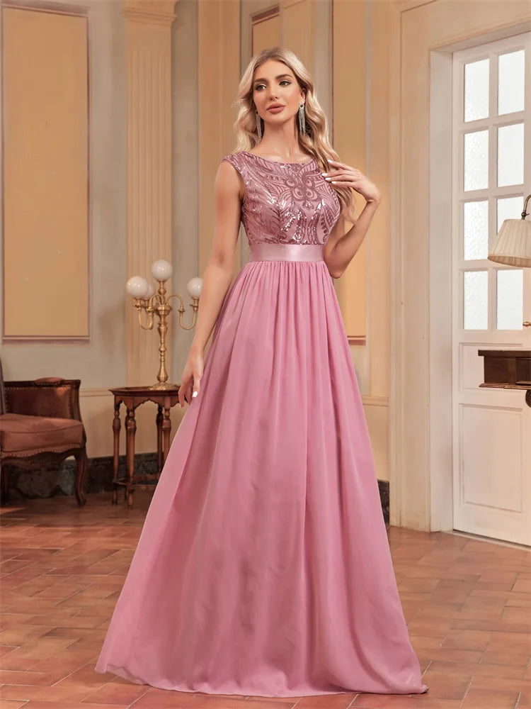 XUIBOL | Elegant O-Neck Sequins Evening Dress For Women Short Sleeve Chiffon Party Maxi Bermaid Dress
