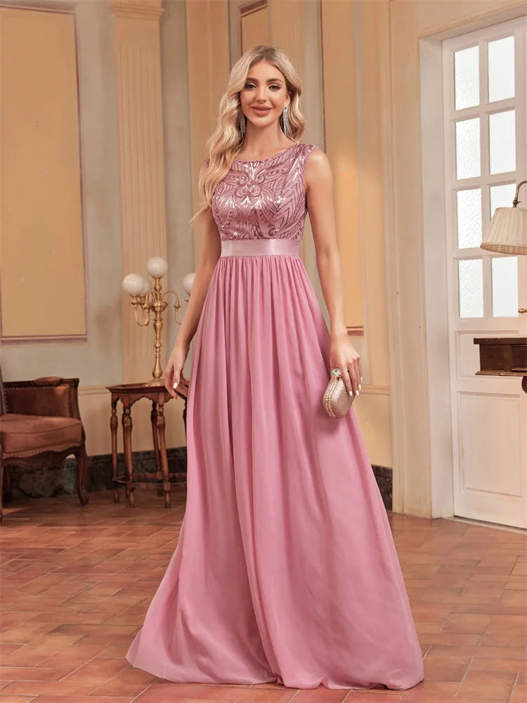 XUIBOL | Elegant O-Neck Sequins Evening Dress For Women Short Sleeve Chiffon Party Maxi Bermaid Dress