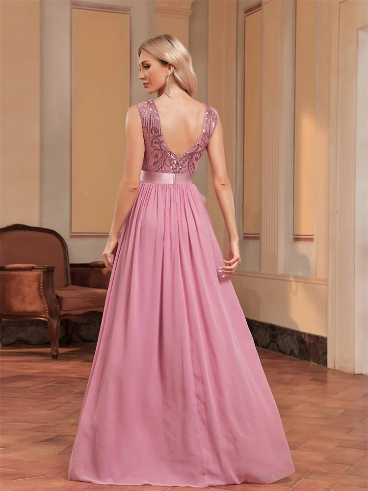 XUIBOL | Elegant O-Neck Sequins Evening Dress For Women Short Sleeve Chiffon Party Maxi Bermaid Dress