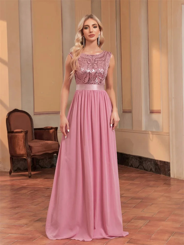 XUIBOL | Elegant O-Neck Sequins Evening Dress For Women Short Sleeve Chiffon Party Maxi Bermaid Dress