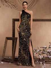 Elegant Oblique shoulder Slit Evening Dress
